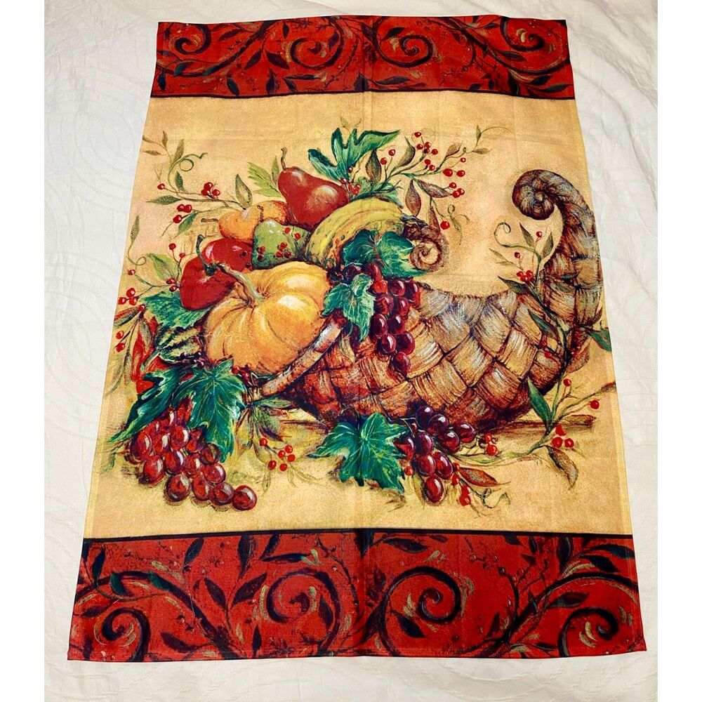 Garden Welcome Flag Thanksgiving Autumn Colorful Cornucopia Fruit Gourds 28x39"
